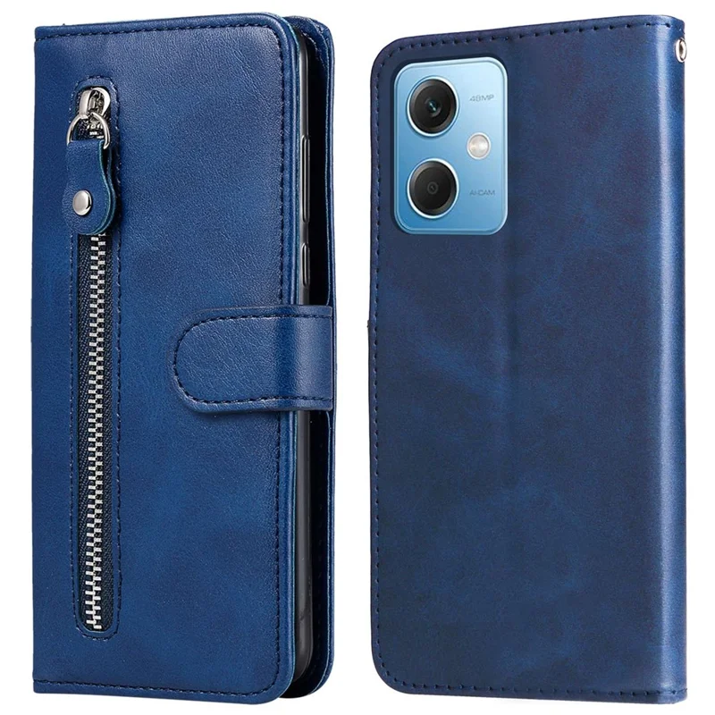 Kalbstextur-Handyhülle für Xiaomi Redmi Note 12 5G (Global) / (Indien) / (China) / Poco X5 5G Buchart PU-Leder Reißverschlusstasche Flip-Brieftasche mit Ständer - Blau