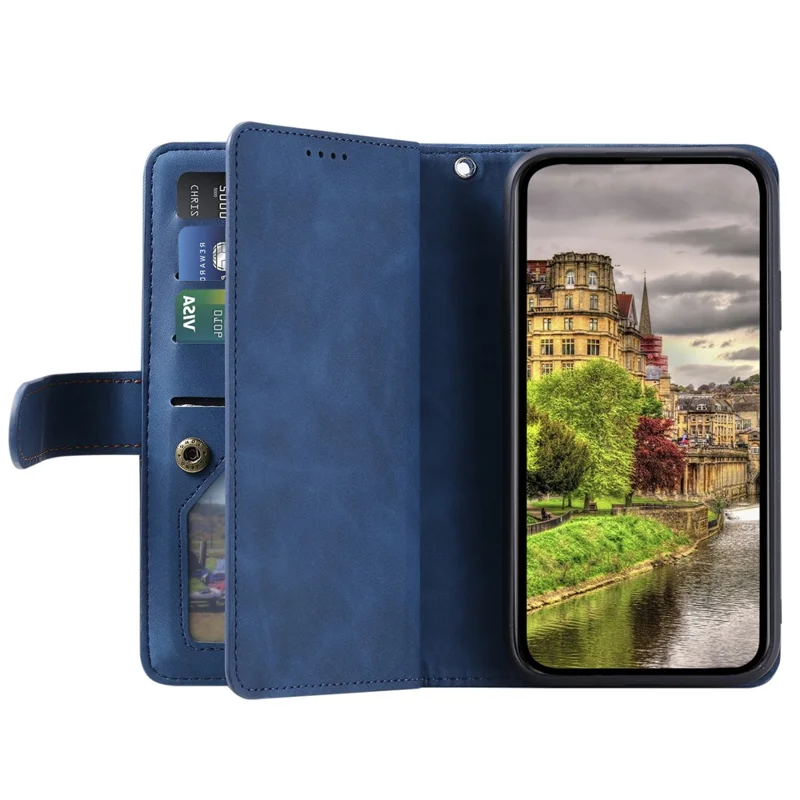 For Google Pixel 11 Pro XL Case 9 Card Slots Zipper Wallet PU Leather Phone Cover with Wrist Strap - Blue