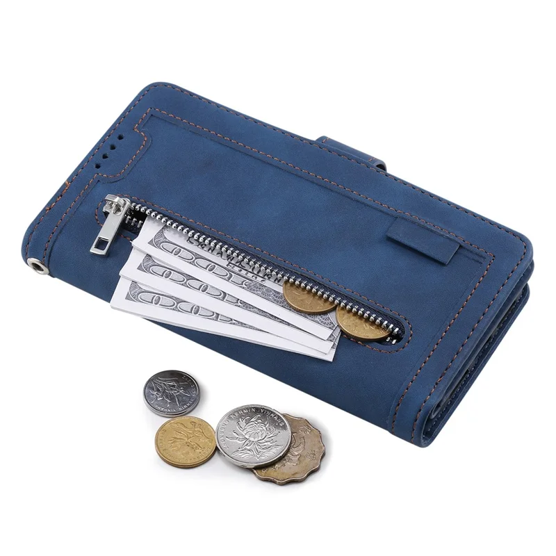 For Google Pixel 11 Pro XL Case 9 Card Slots Zipper Wallet PU Leather Phone Cover with Wrist Strap - Blue
