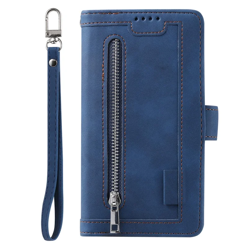 For Google Pixel 11 Pro XL Case 9 Card Slots Zipper Wallet PU Leather Phone Cover with Wrist Strap - Blue
