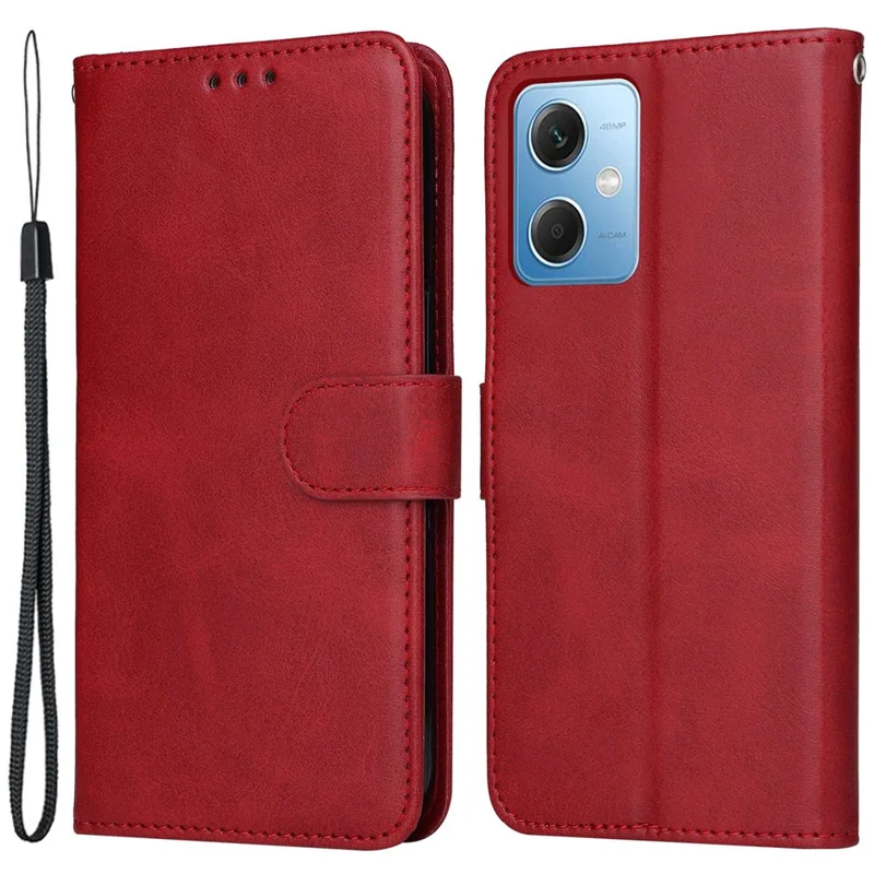 For Xiaomi Redmi Note 12 5G (Global) / (India) / (China) / Poco X5 5G PU Leather Calf Texture Phone Cover Folio Flip Wallet Stand Phone Case with Strap - Red