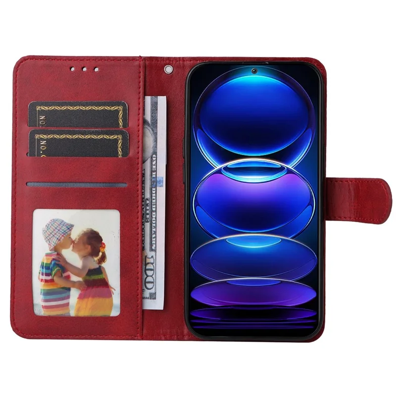 For Xiaomi Redmi Note 12 5G (Global) / (India) / (China) / Poco X5 5G PU Leather Calf Texture Phone Cover Folio Flip Wallet Stand Phone Case with Strap - Red