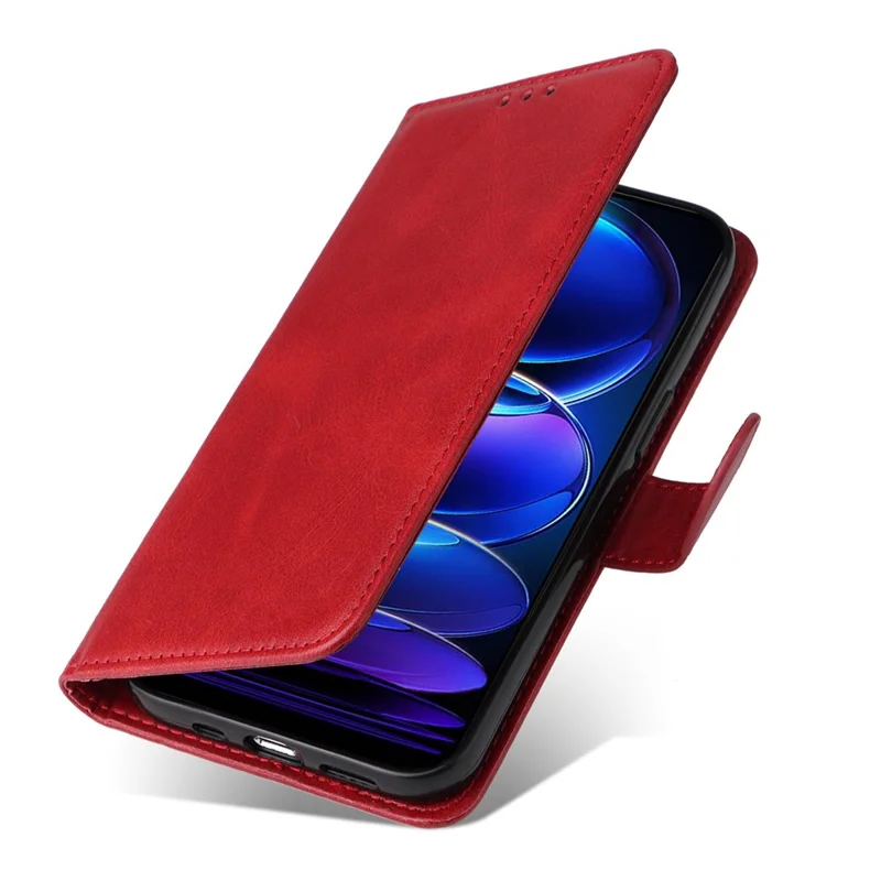 For Xiaomi Redmi Note 12 5G (Global) / (India) / (China) / Poco X5 5G PU Leather Calf Texture Phone Cover Folio Flip Wallet Stand Phone Case with Strap - Red