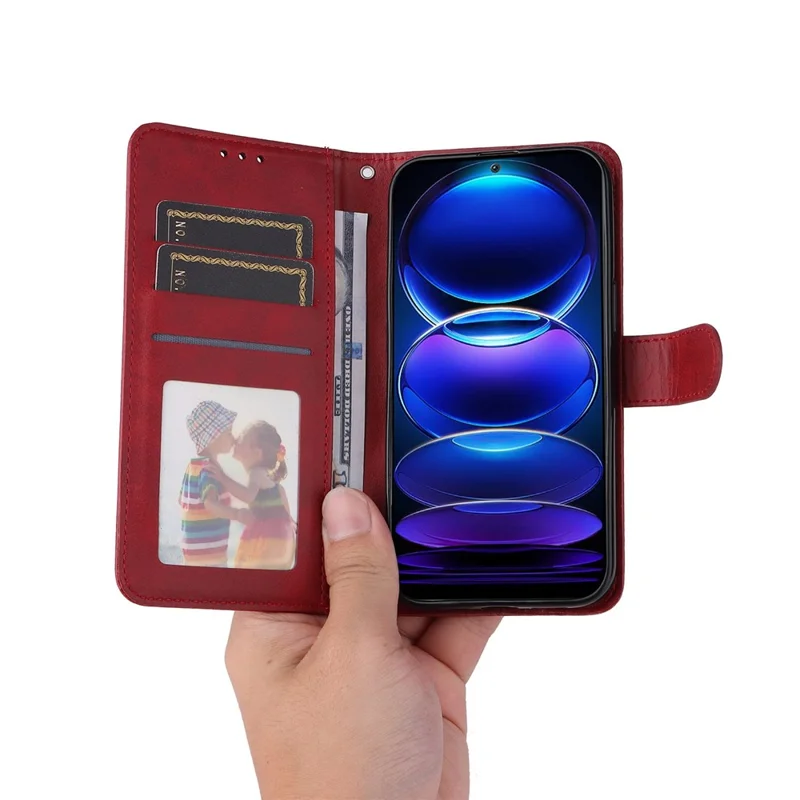 For Xiaomi Redmi Note 12 5G (Global) / (India) / (China) / Poco X5 5G PU Leather Calf Texture Phone Cover Folio Flip Wallet Stand Phone Case with Strap - Red