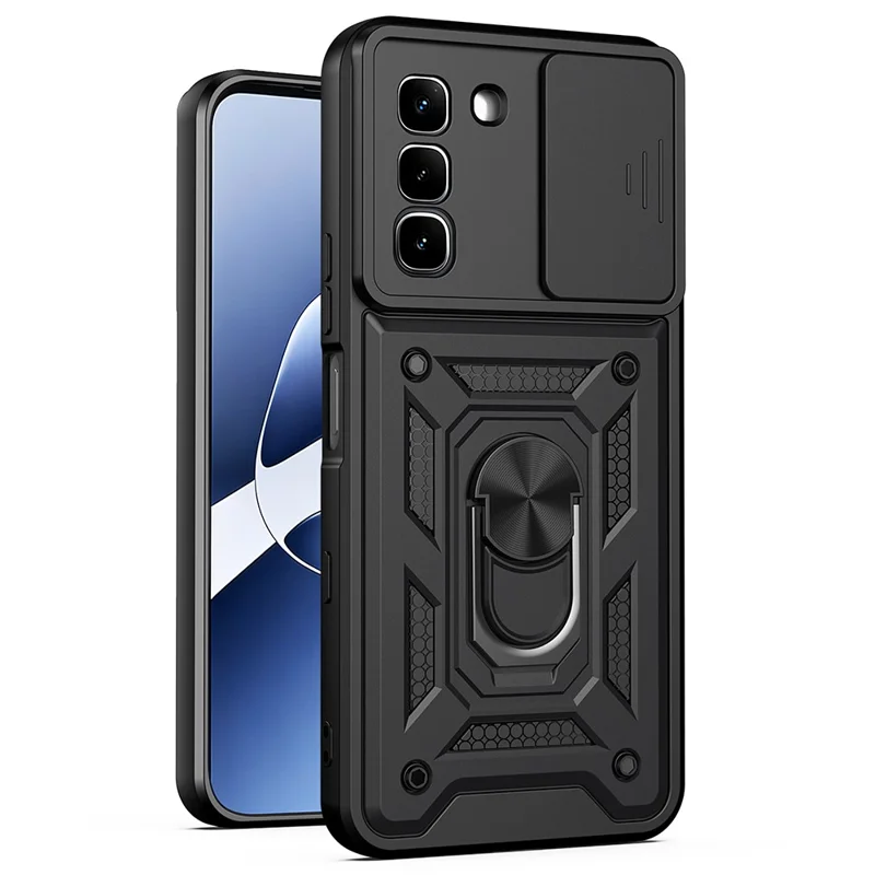 For Infinix Hot 70 Case with Slide Camera Lid PC + TPU Kickstand Phone Cover - Black