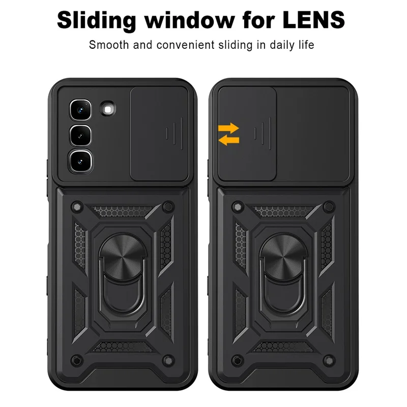 For Infinix Hot 70 Case with Slide Camera Lid PC + TPU Kickstand Phone Cover - Black