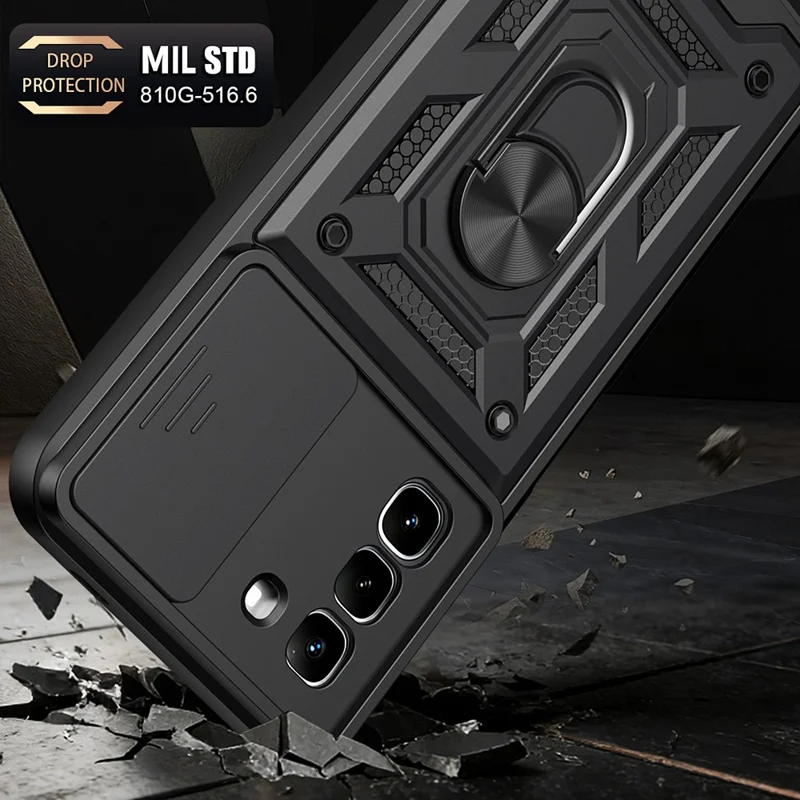 For Infinix Hot 70 Case with Slide Camera Lid PC + TPU Kickstand Phone Cover - Black