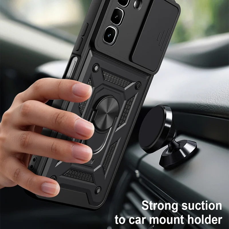 For Infinix Hot 70 Case with Slide Camera Lid PC + TPU Kickstand Phone Cover - Black
