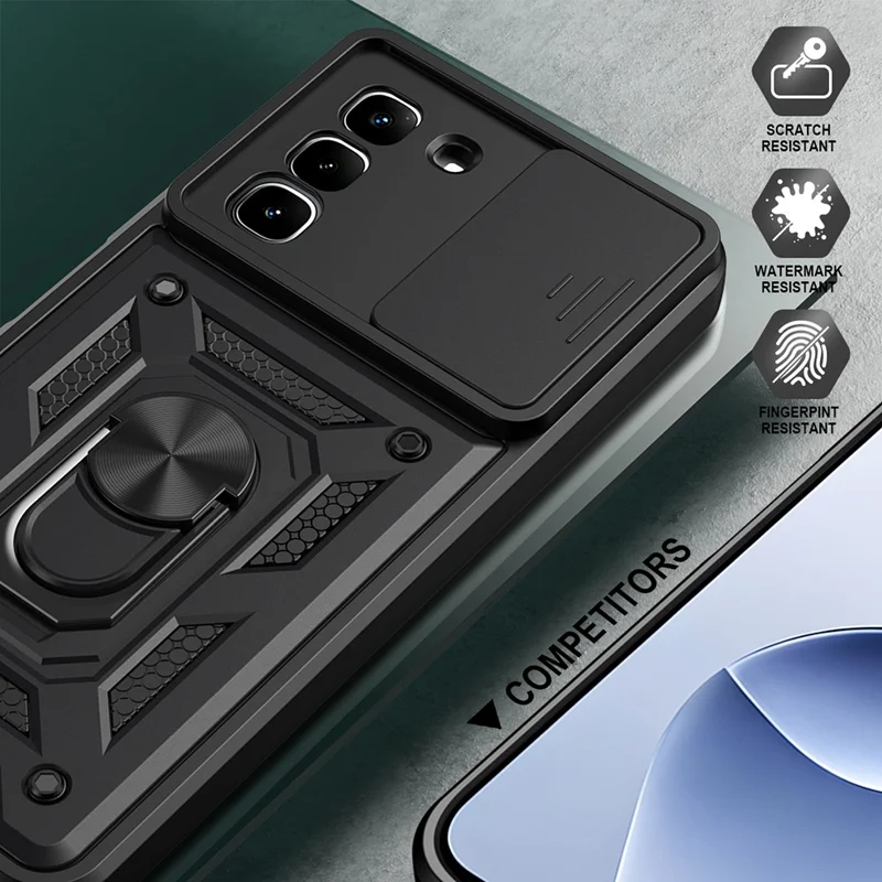 For Infinix Hot 70 Case with Slide Camera Lid PC + TPU Kickstand Phone Cover - Black