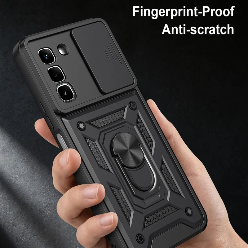 For Infinix Hot 70 Case with Slide Camera Lid PC + TPU Kickstand Phone Cover - Black