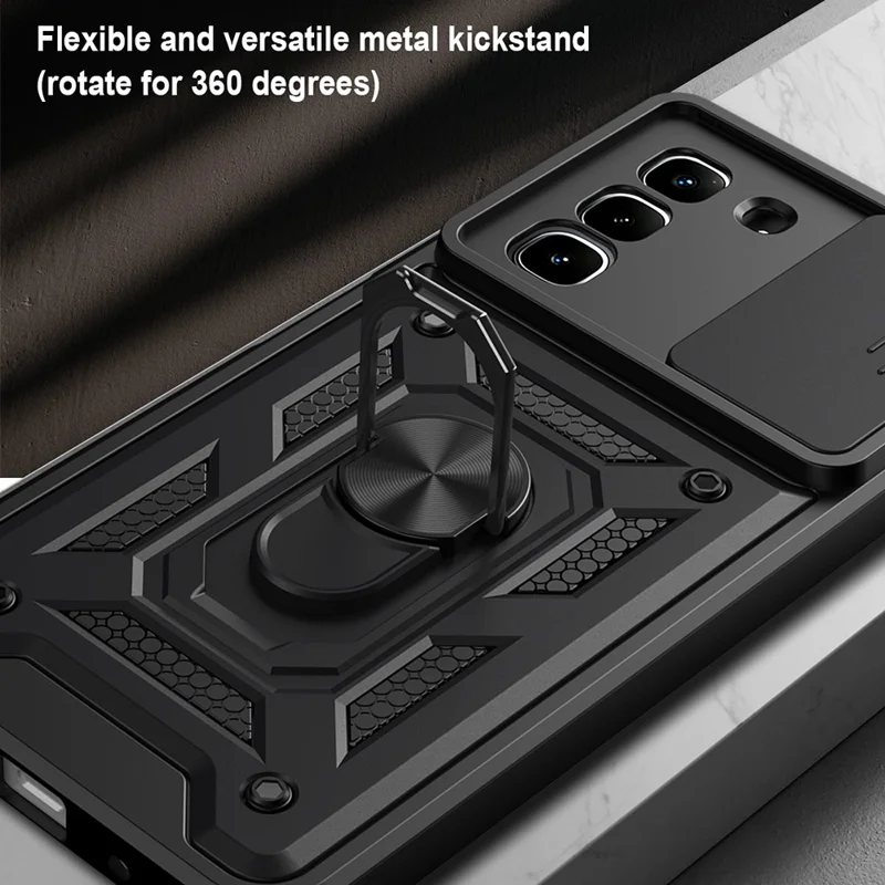 For Infinix Hot 70 Case with Slide Camera Lid PC + TPU Kickstand Phone Cover - Black