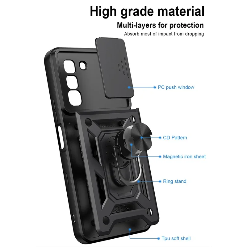 For Infinix Hot 70 Case with Slide Camera Lid PC + TPU Kickstand Phone Cover - Black