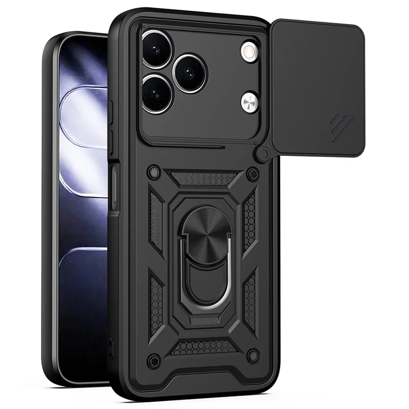 For TECNO Spark 50 4G Case with Slide Camera Lid PC + TPU Kickstand Phone Cover - Black