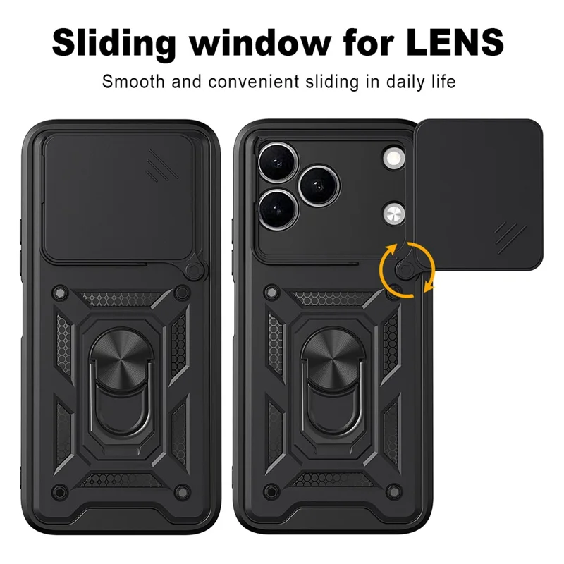 For TECNO Spark 50 4G Case with Slide Camera Lid PC + TPU Kickstand Phone Cover - Black