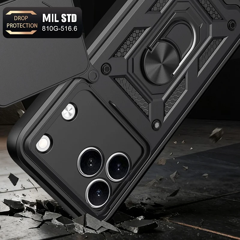 For TECNO Spark 50 4G Case with Slide Camera Lid PC + TPU Kickstand Phone Cover - Black