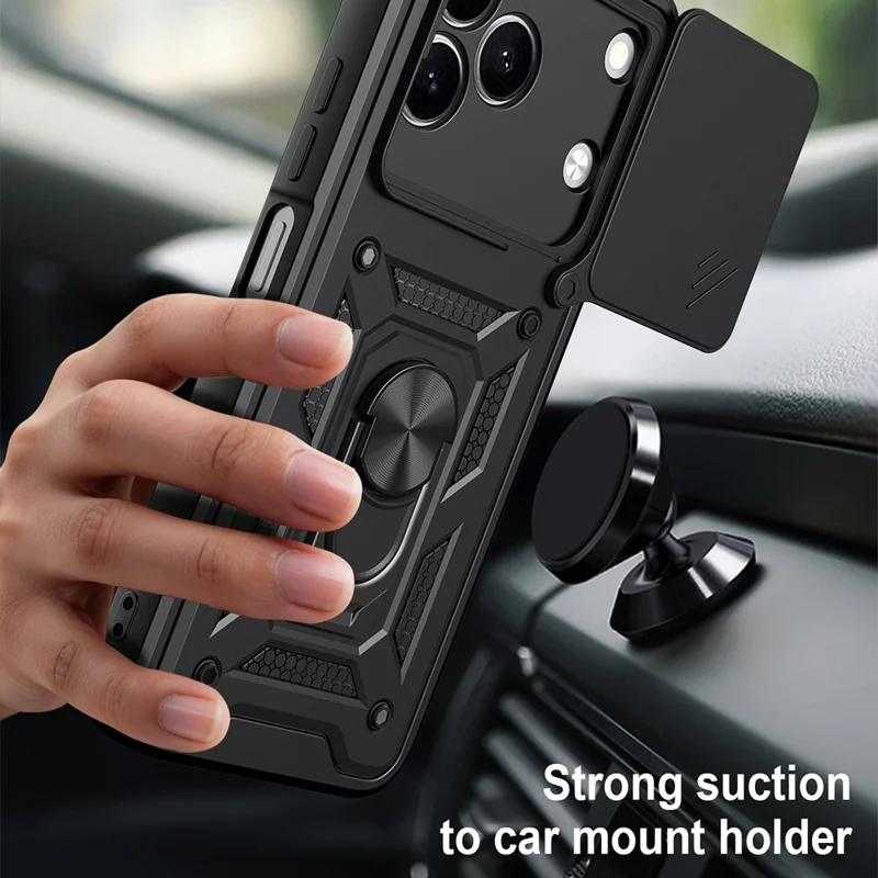 For TECNO Spark 50 4G Case with Slide Camera Lid PC + TPU Kickstand Phone Cover - Black