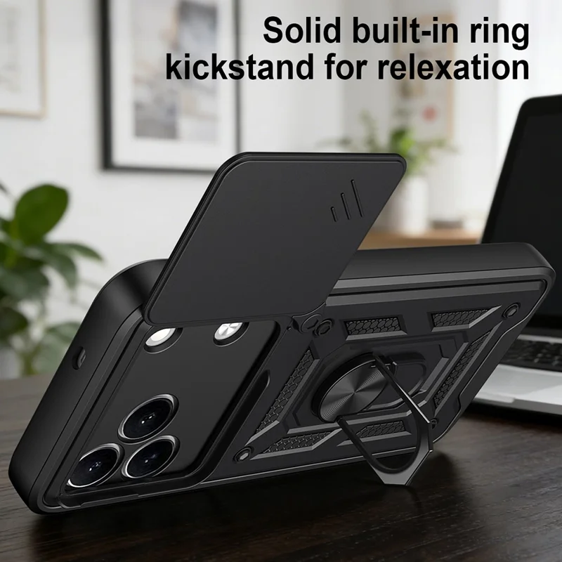 For TECNO Spark 50 4G Case with Slide Camera Lid PC + TPU Kickstand Phone Cover - Black