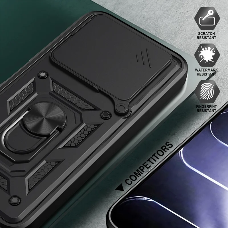 For TECNO Spark 50 4G Case with Slide Camera Lid PC + TPU Kickstand Phone Cover - Black