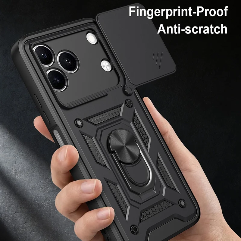 For TECNO Spark 50 4G Case with Slide Camera Lid PC + TPU Kickstand Phone Cover - Black