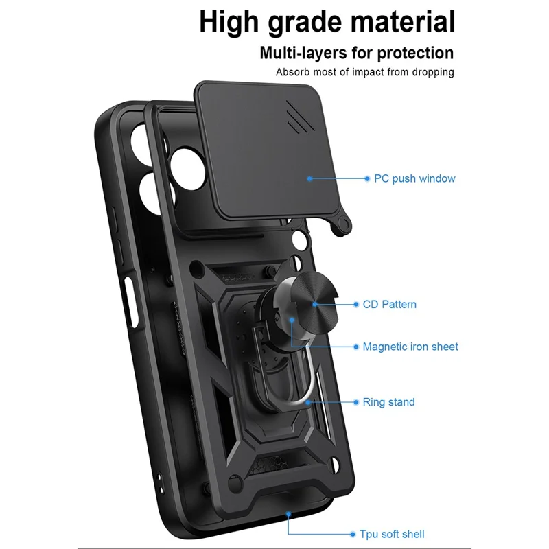 For TECNO Spark 50 4G Case with Slide Camera Lid PC + TPU Kickstand Phone Cover - Black