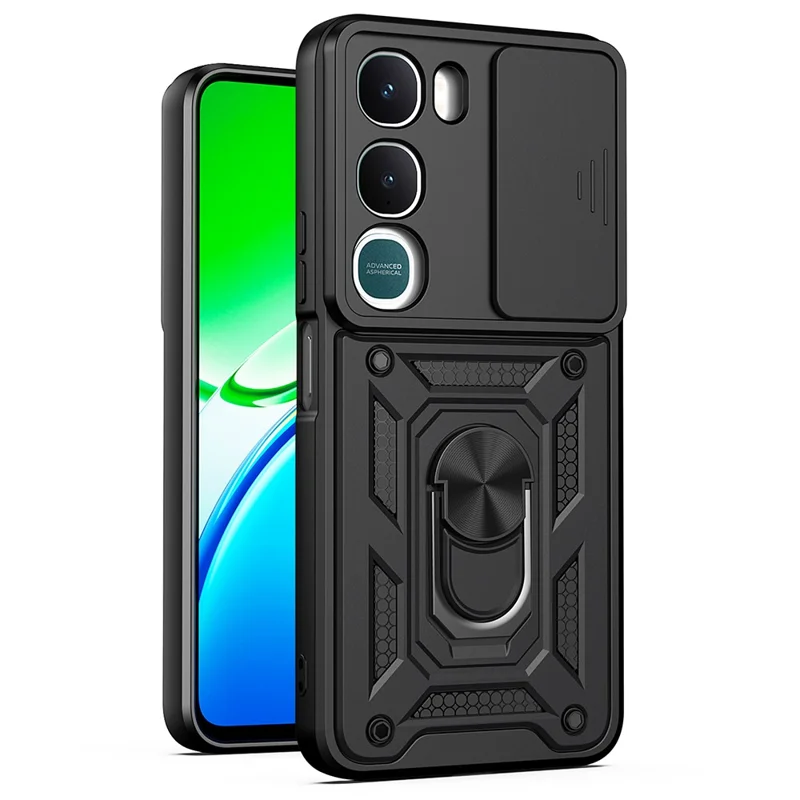 For vivo Y31 5G Case with Slide Camera Lid PC + TPU Kickstand Phone Cover - Black