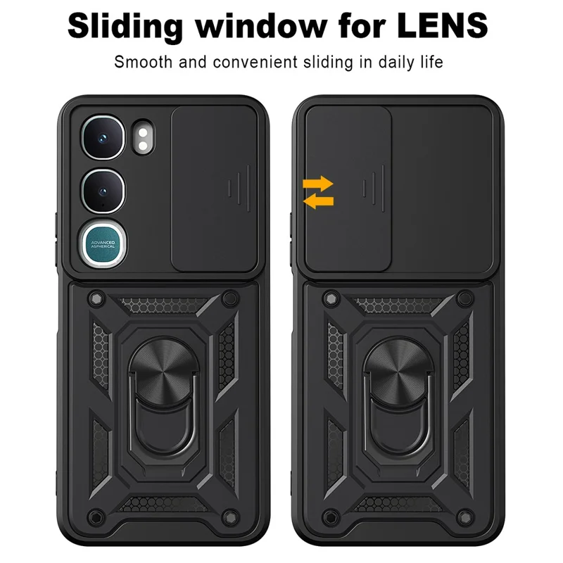 For vivo Y31 5G Case with Slide Camera Lid PC + TPU Kickstand Phone Cover - Black