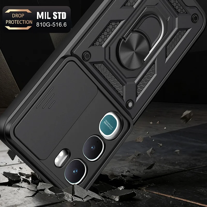 For vivo Y31 5G Case with Slide Camera Lid PC + TPU Kickstand Phone Cover - Black