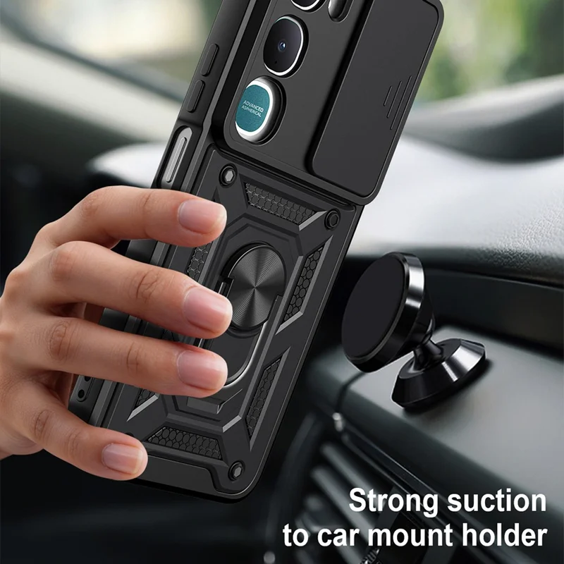 For vivo Y31 5G Case with Slide Camera Lid PC + TPU Kickstand Phone Cover - Black