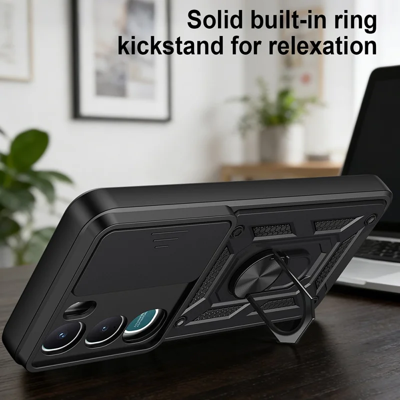 For vivo Y31 5G Case with Slide Camera Lid PC + TPU Kickstand Phone Cover - Black