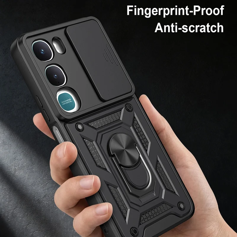 For vivo Y31 5G Case with Slide Camera Lid PC + TPU Kickstand Phone Cover - Black