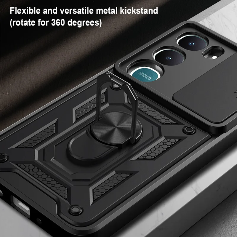 For vivo Y31 5G Case with Slide Camera Lid PC + TPU Kickstand Phone Cover - Black