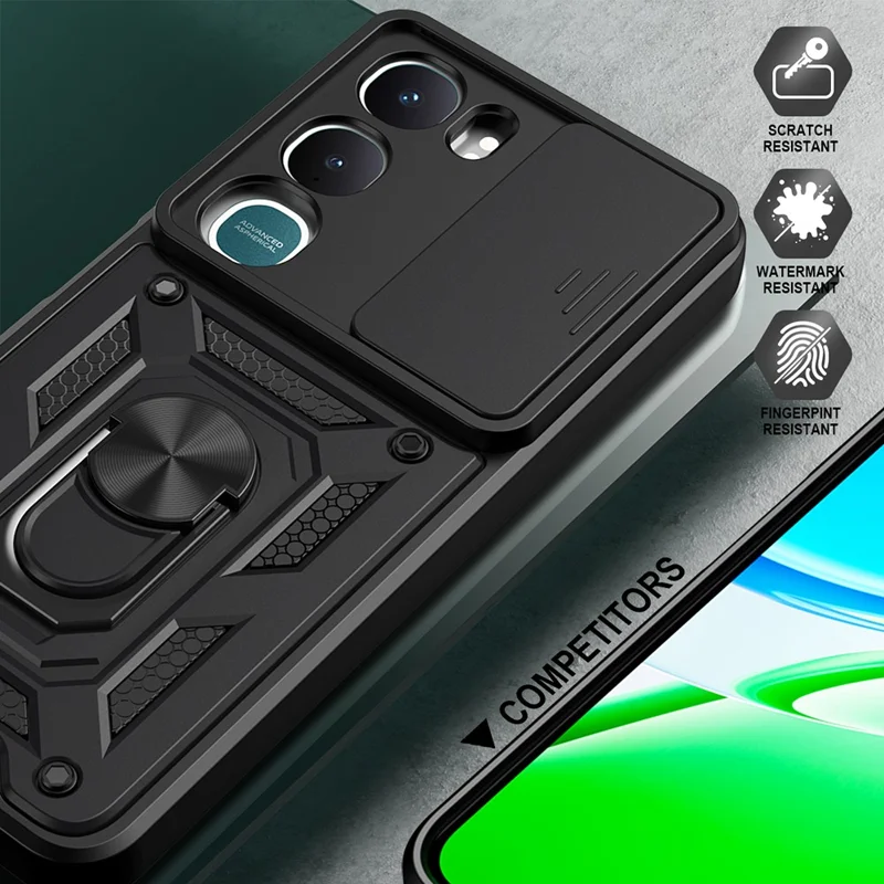 For vivo Y31 5G Case with Slide Camera Lid PC + TPU Kickstand Phone Cover - Black