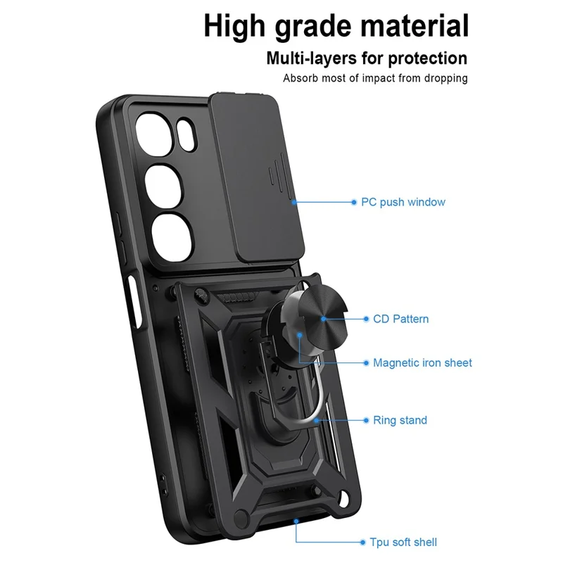 For vivo Y31 5G Case with Slide Camera Lid PC + TPU Kickstand Phone Cover - Black