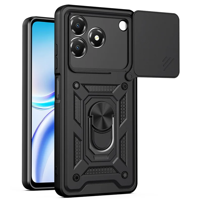 For ZTE Blade A36 Case with Slide Camera Lid PC + TPU Kickstand Phone Cover - Black