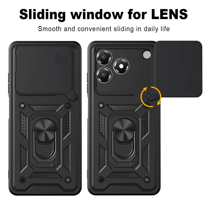 For ZTE Blade A36 Case with Slide Camera Lid PC + TPU Kickstand Phone Cover - Black