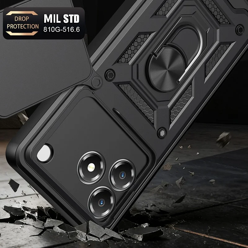 For ZTE Blade A36 Case with Slide Camera Lid PC + TPU Kickstand Phone Cover - Black