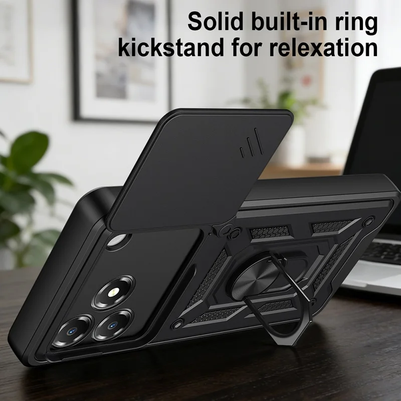 For ZTE Blade A36 Case with Slide Camera Lid PC + TPU Kickstand Phone Cover - Black