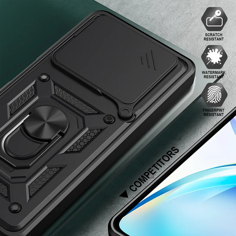 For ZTE Blade A36 Case with Slide Camera Lid PC + TPU Kickstand Phone Cover - Black