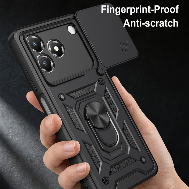 For ZTE Blade A36 Case with Slide Camera Lid PC + TPU Kickstand Phone Cover - Black