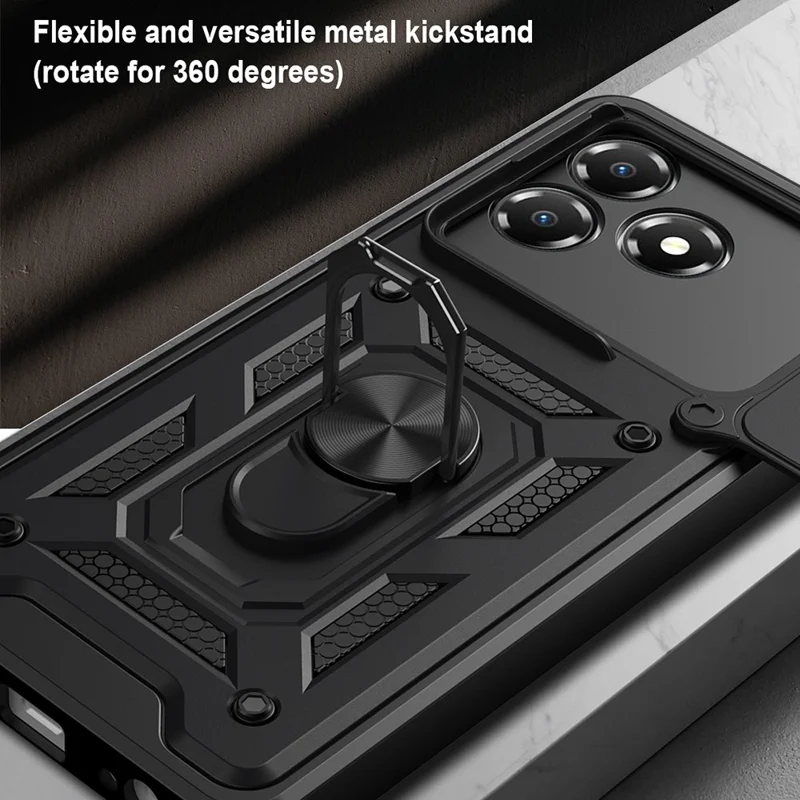For ZTE Blade A36 Case with Slide Camera Lid PC + TPU Kickstand Phone Cover - Black
