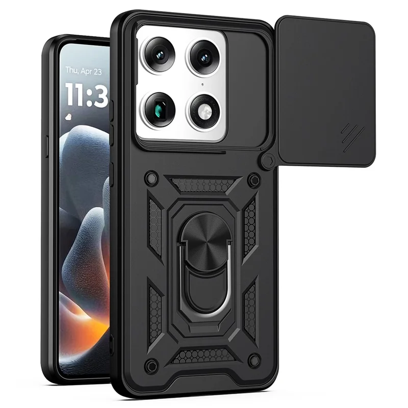 For Motorola Signature 5G Case with Slide Camera Lid PC + TPU Kickstand Phone Cover - Black