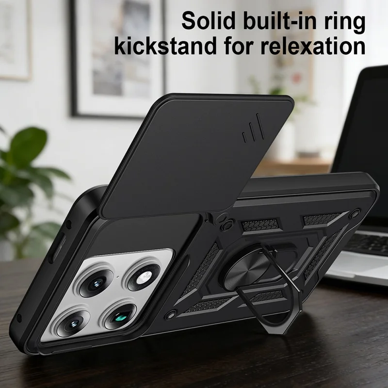 For Motorola Signature 5G Case with Slide Camera Lid PC + TPU Kickstand Phone Cover - Black