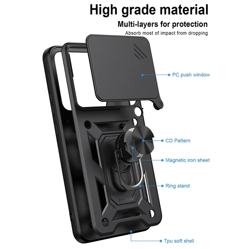For Motorola Signature 5G Case with Slide Camera Lid PC + TPU Kickstand Phone Cover - Black