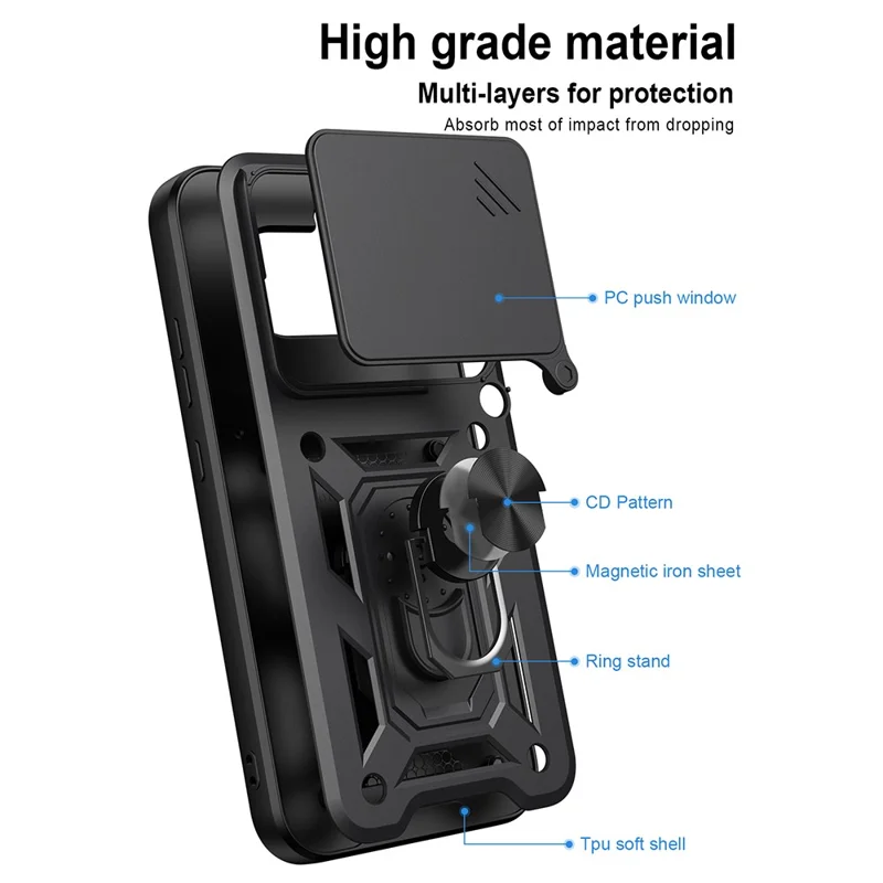 For Nothing Phone (4a) Case with Slide Camera Lid PC + TPU Kickstand Phone Cover - Black