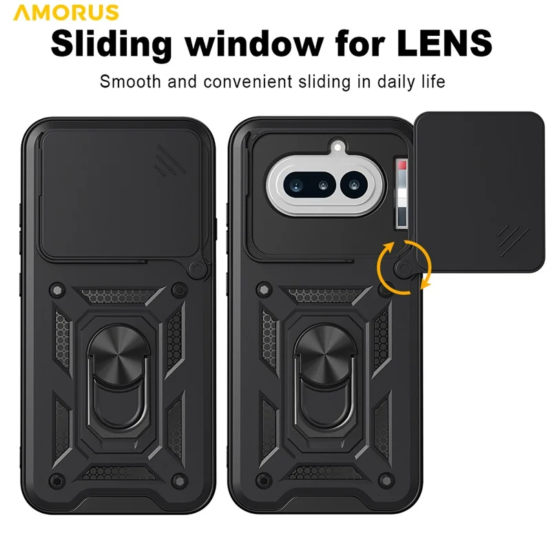 AMORUS For Nothing Phone (4a) Case Kickstand PC + TPU Phone Cover with Camera Lens Slider - Black
