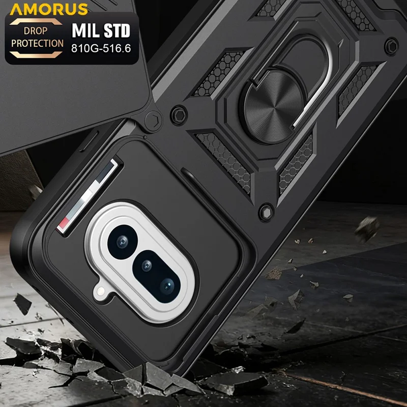 AMORUS For Nothing Phone (4a) Case Kickstand PC + TPU Phone Cover with Camera Lens Slider - Black