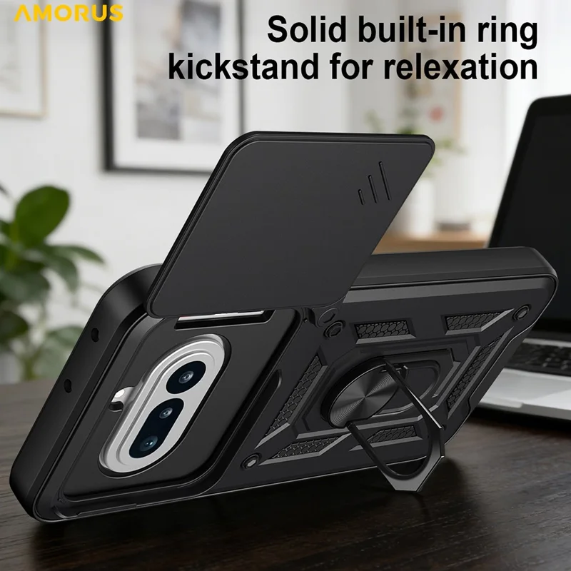 AMORUS For Nothing Phone (4a) Case Kickstand PC + TPU Phone Cover with Camera Lens Slider - Black