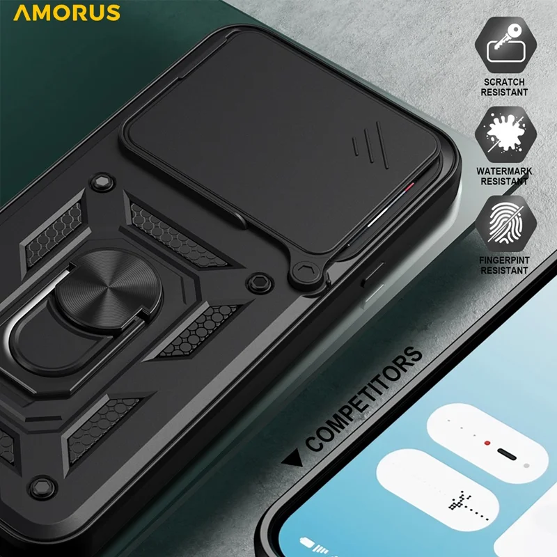AMORUS For Nothing Phone (4a) Case Kickstand PC + TPU Phone Cover with Camera Lens Slider - Black