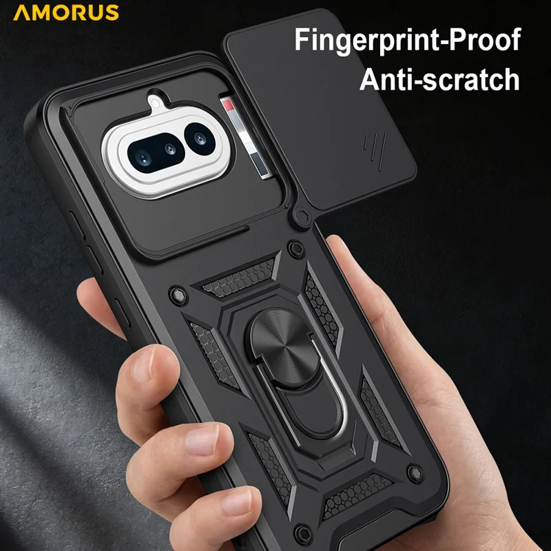 AMORUS For Nothing Phone (4a) Case Kickstand PC + TPU Phone Cover with Camera Lens Slider - Black