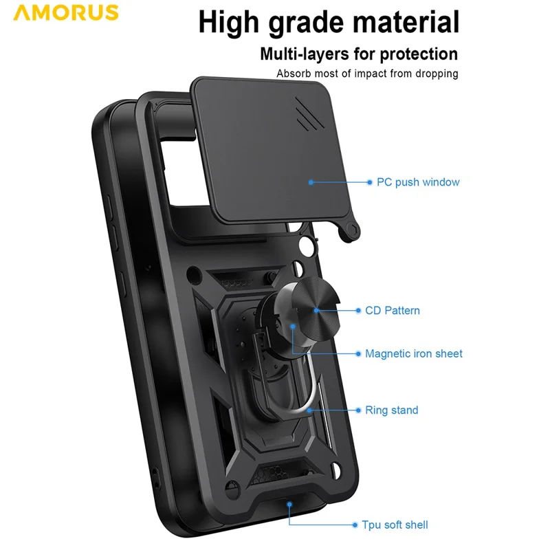 AMORUS For Nothing Phone (4a) Case Kickstand PC + TPU Phone Cover with Camera Lens Slider - Black